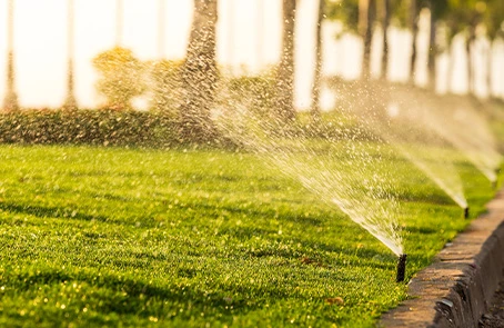 Sprinklers spraying water on lawn.