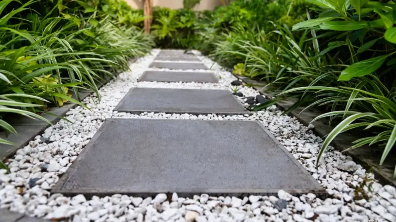 Pea gravel patio with larger stepping stones in a backyard.